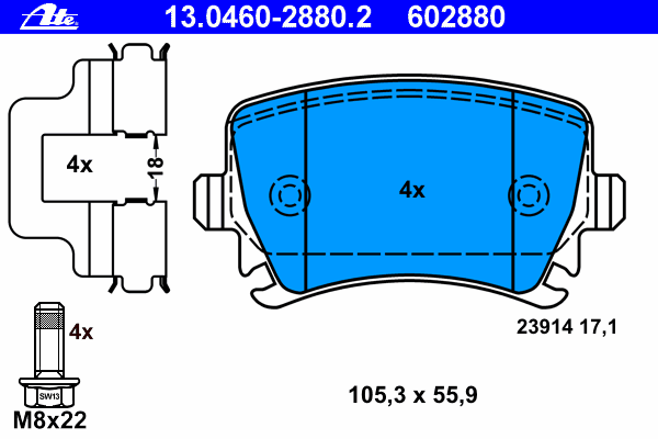 Комплект тормозных колодок, дисковый тормоз ATE 13.0460-2880.2