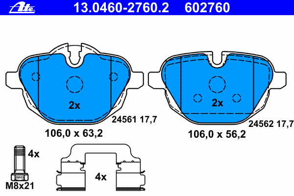 Комплект тормозных колодок, дисковый тормоз ATE 13.0460-2760.2